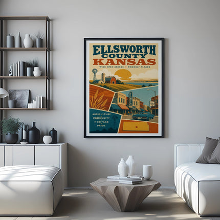 Ellsworth County, Kansas travel poster with town, farms, and wheat fields.