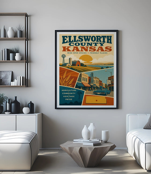 Ellsworth County, Kansas travel poster with town, farms, and wheat fields.