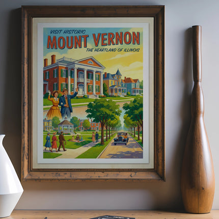 Vintage travel poster for Mount Vernon, the heartland of America.