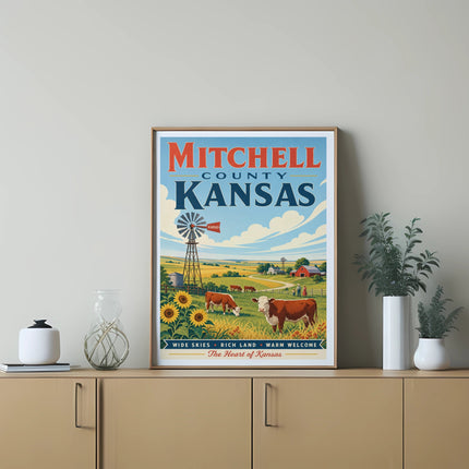 Mitchell County Kansas postcard featuring cows, windmills, and farm fields.
