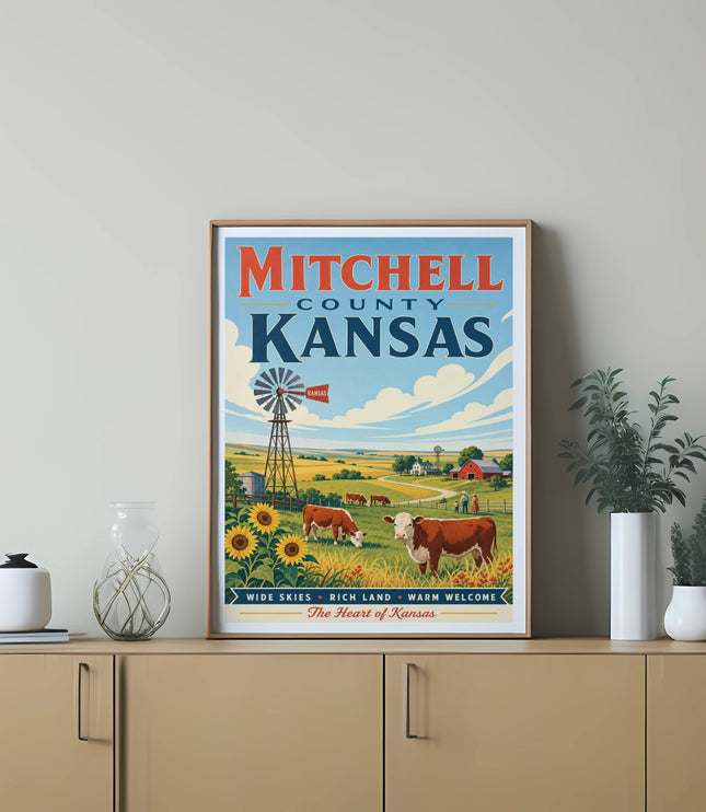 Mitchell County Kansas postcard featuring cows, windmills, and farm fields.