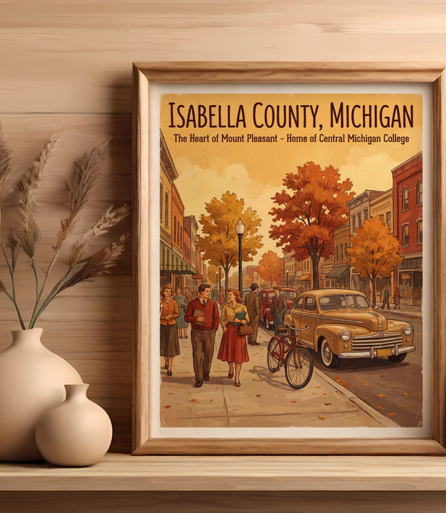 Isabella County, Michigan poster showing a vintage street scene with people.