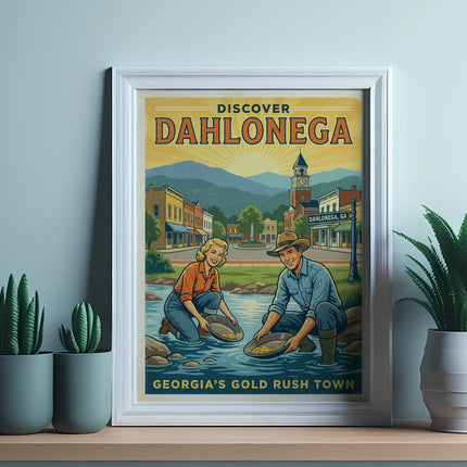 Dahlonega Georgia's Gold Rush Town poster with couple panning for gold.