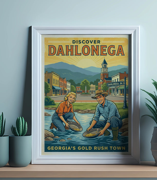 Dahlonega Georgia's Gold Rush Town poster with couple panning for gold.