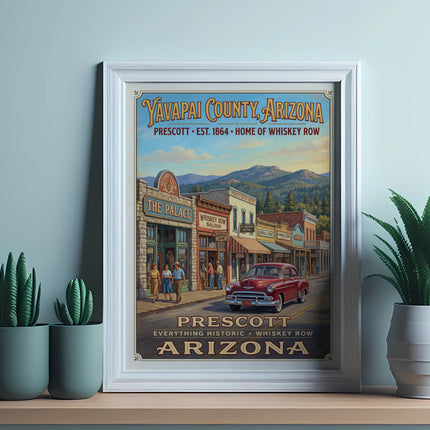 Vintage poster for Yavapai County, Arizona featuring Whiskey Row and a red car.