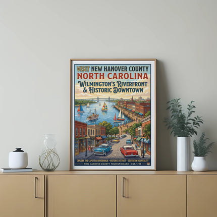 Vintage travel poster for Wilmington's Riverfront and Historic Downtown, North Carolina.