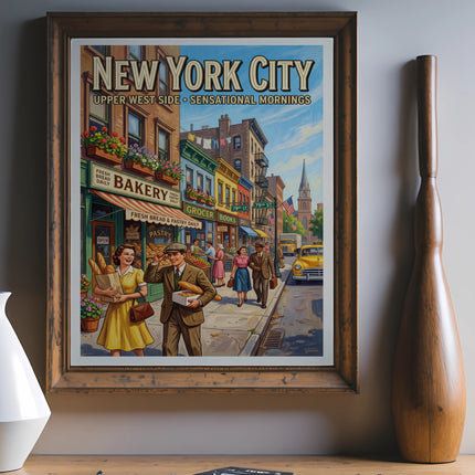 Vintage New York City Upper West Side street scene poster with shops and pedestrians.