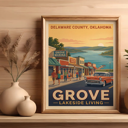 Delaware County, Oklahoma vintage travel poster with Grove, Lakeside Living text.
