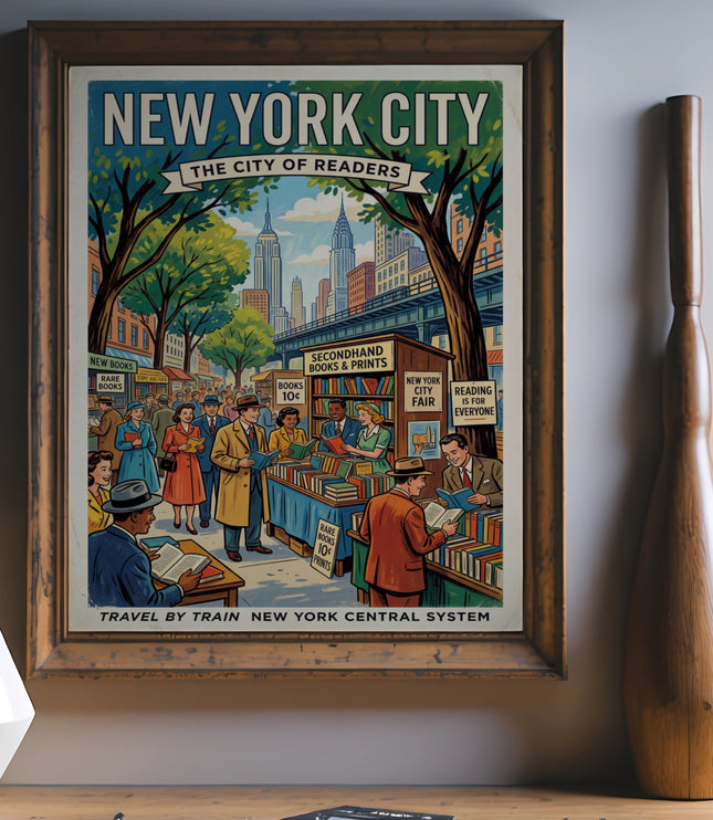 Vintage "New York City: The City of Readers" travel poster with people browsing books.