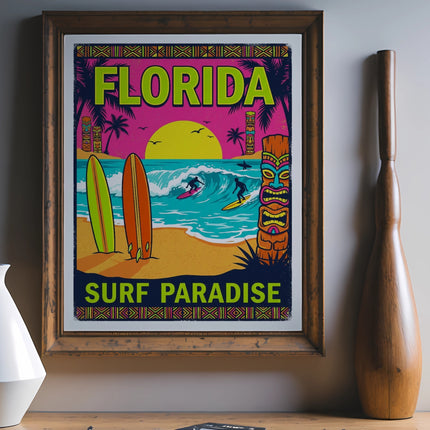 Florida Surf Paradise vintage travel poster with surfers and tiki.