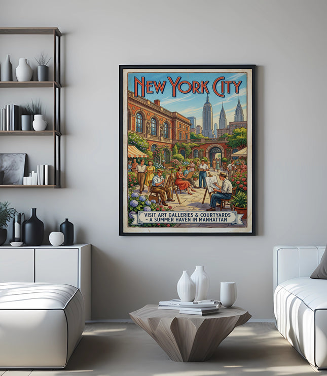 Vintage New York City poster showing artists painting in a courtyard with skyscrapers.