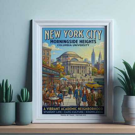 New York City Morningside Heights Columbia University poster with people and buildings.
