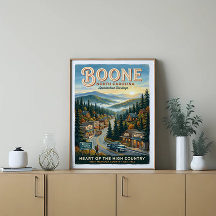 Boone North Carolina vintage travel poster with Appalachian valley scene and text.