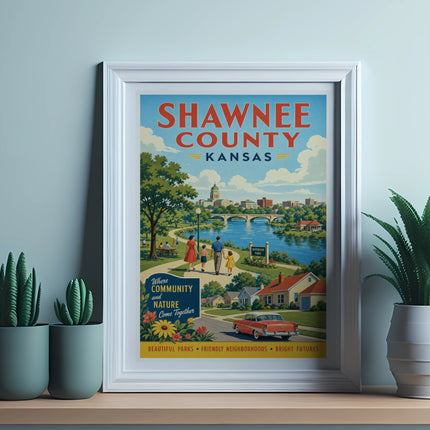 Vintage travel poster for Shawnee County, Kansas, depicting Riverside Park.