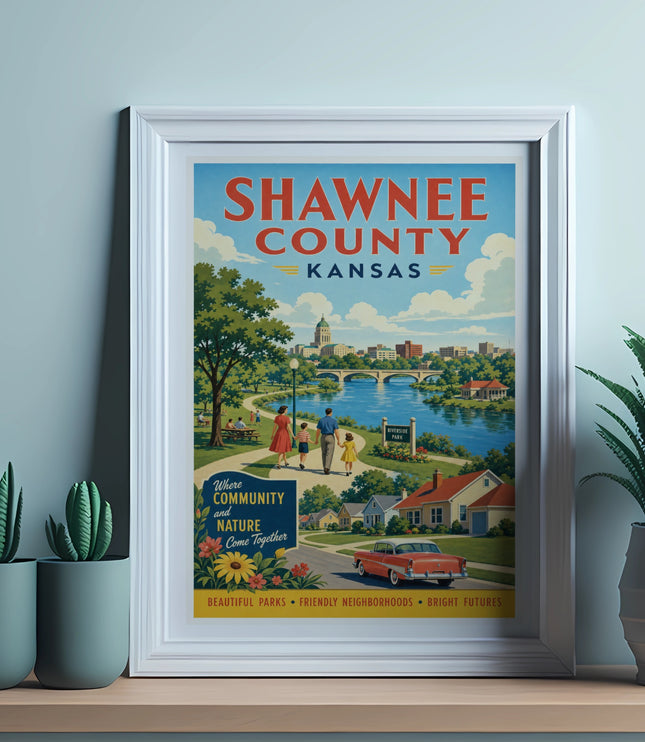 Vintage travel poster for Shawnee County, Kansas, depicting Riverside Park.