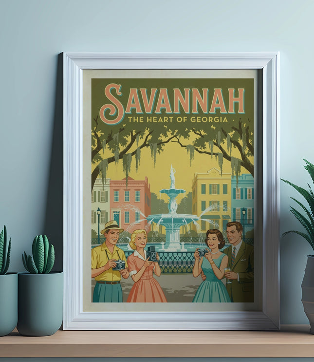 Savannah the Heart of Georgia retro poster with people and fountain.