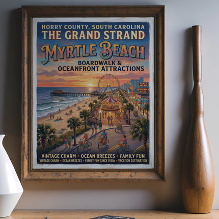 Myrtle Beach Grand Strand vintage travel poster with boardwalk attractions.