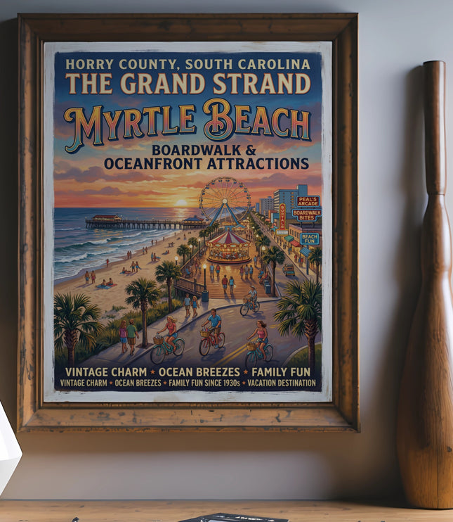 Myrtle Beach Grand Strand vintage travel poster with boardwalk attractions.