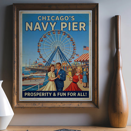 Retro poster of Chicago's Navy Pier with Ferris wheel and couple.