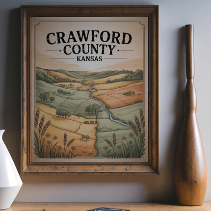 Crawford County Kansas vintage landscape illustration in a wooden frame.