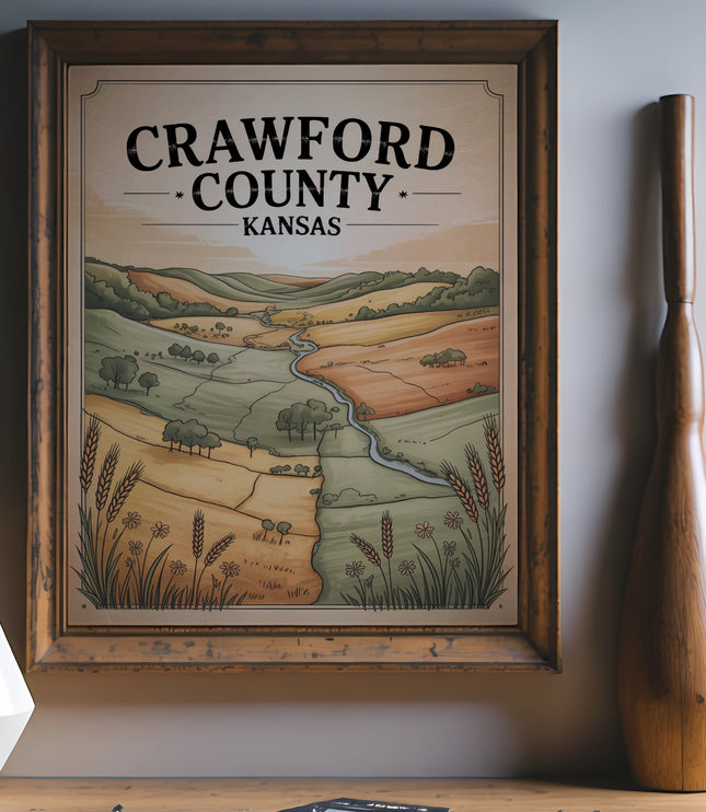 Crawford County Kansas vintage landscape illustration in a wooden frame.