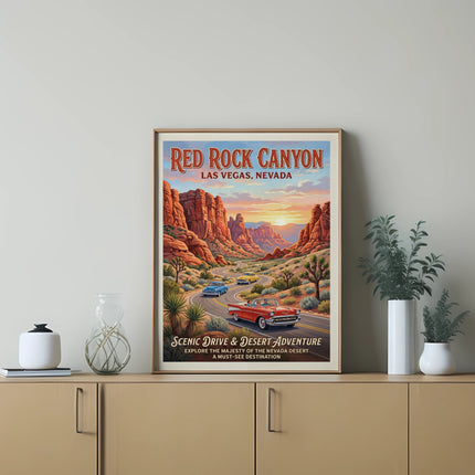 Poster of Red Rock Canyon, Las Vegas, Nevada, with scenic drive and classic cars.