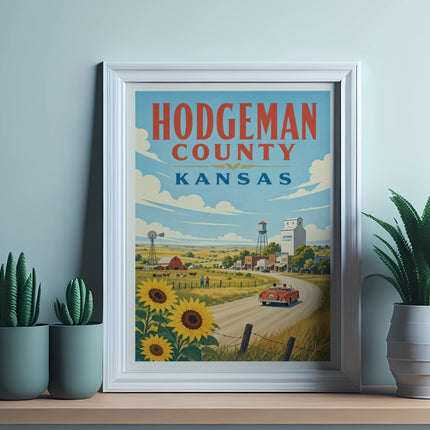 Hodgeman County, Kansas vintage travel poster with sunflowers and farm scene.