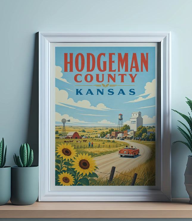 Hodgeman County, Kansas vintage travel poster with sunflowers and farm scene.