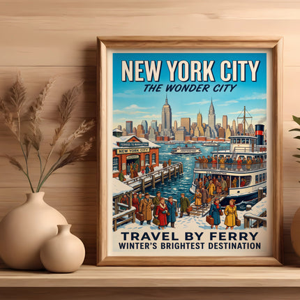 New York City vintage travel poster featuring Staten Island Ferry in winter.