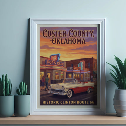Custer County, Oklahoma poster featuring Pop's Cafe, a diner, and classic car.