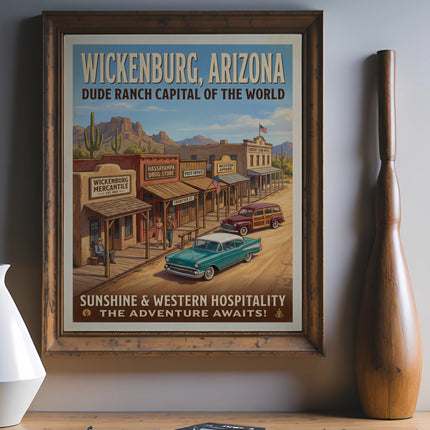 Vintage Wickenburg, Arizona dude ranch poster with classic cars and western buildings.