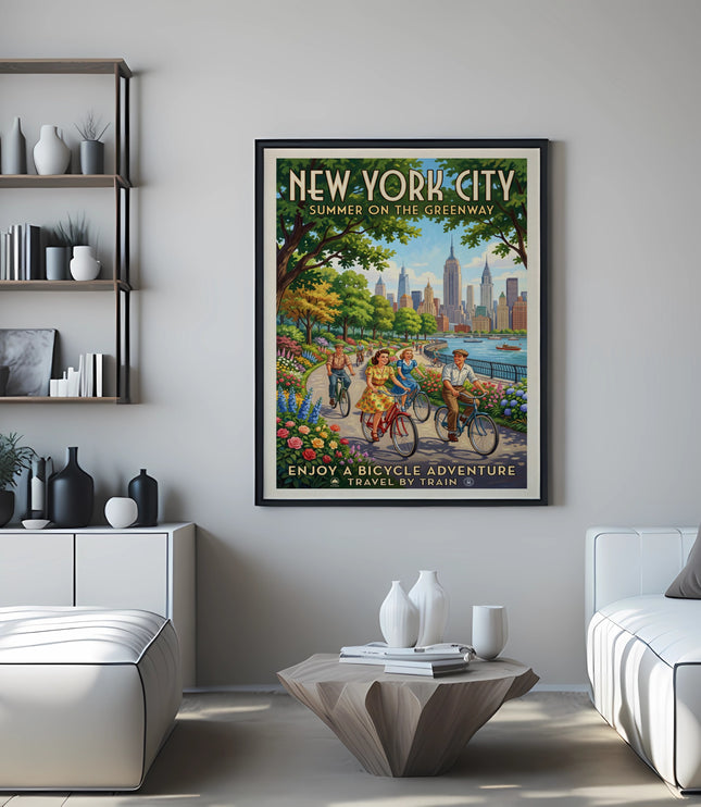 New York City vintage poster: People biking on a greenway with city skyline.