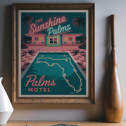 Retro "Sunshine Palms" motel sign with pool and palm trees.