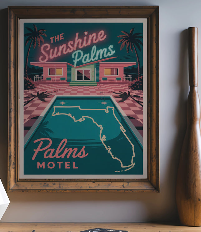 Retro "Sunshine Palms" motel sign with pool and palm trees.