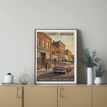 Vintage poster of Eaton County, Michigan with a classic car and buildings.