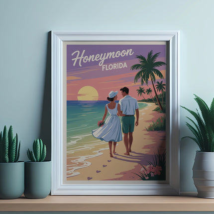 Couple walking on beach with "Honeymoon Florida" text and palm trees.