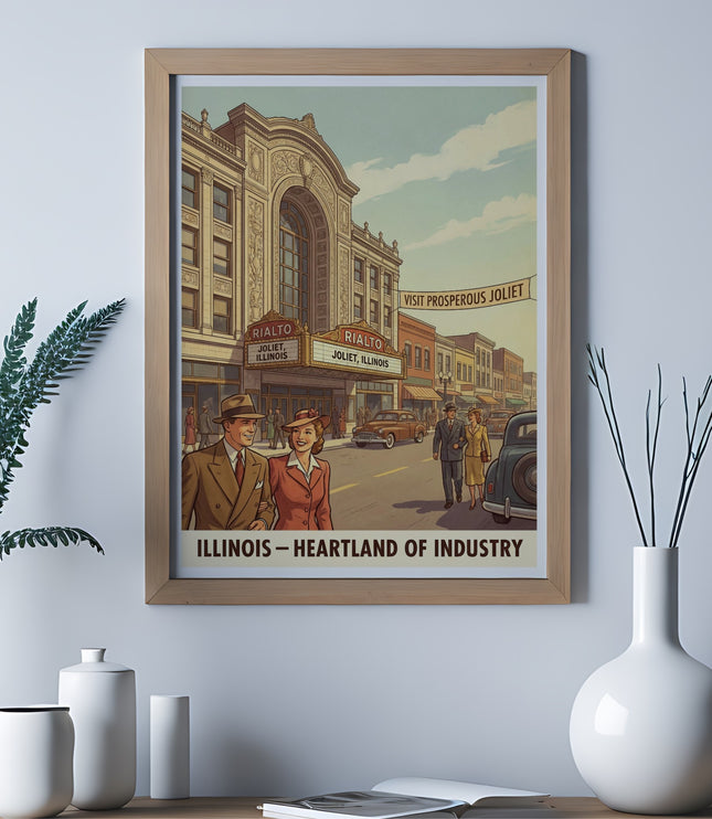 Vintage Rialto Theater poster for Joliet, Illinois featuring couples and text "Illinois - Heartland of Industry."