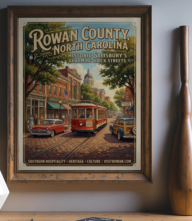 Poster of Rowan County, North Carolina, shows a street scene with a trolley and vintage cars.