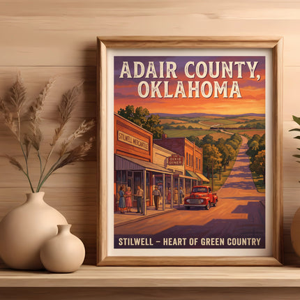 Poster of Adair County, Oklahoma with vintage shops, red truck, and sunset landscape.