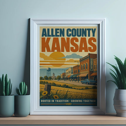 Allen County, Kansas poster with buildings, sun, and plants.