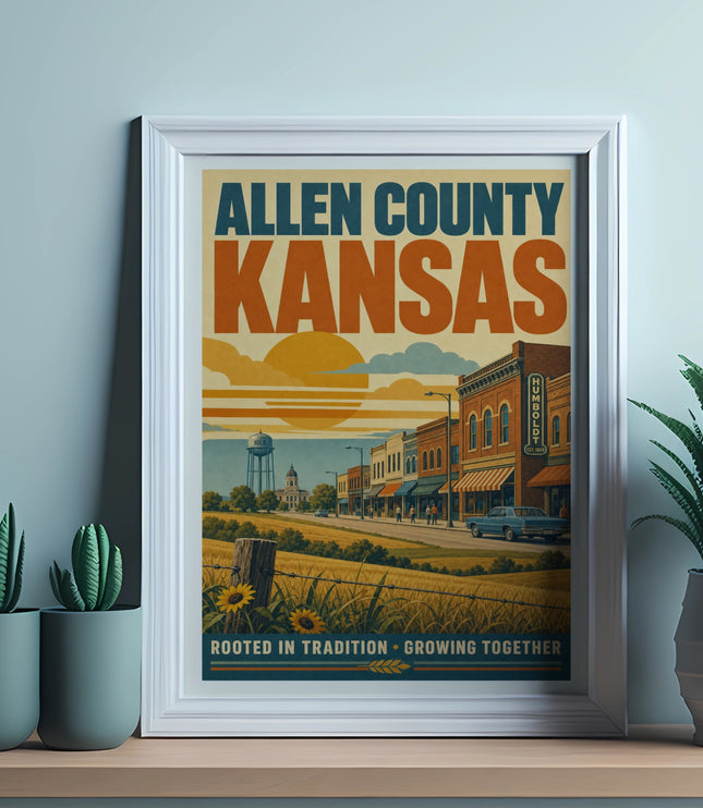 Allen County, Kansas poster with buildings, sun, and plants.