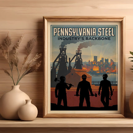 Vintage poster for Pennsylvania Steel showing industrial silhouette and city skyline.