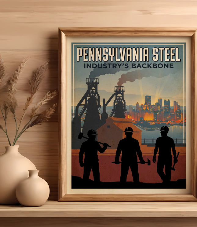 Vintage poster for Pennsylvania Steel showing industrial silhouette and city skyline.