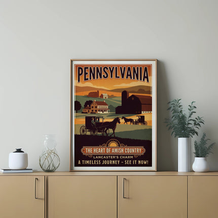 Pennsylvania Amish Country postcard with horse-drawn carriage and barn.