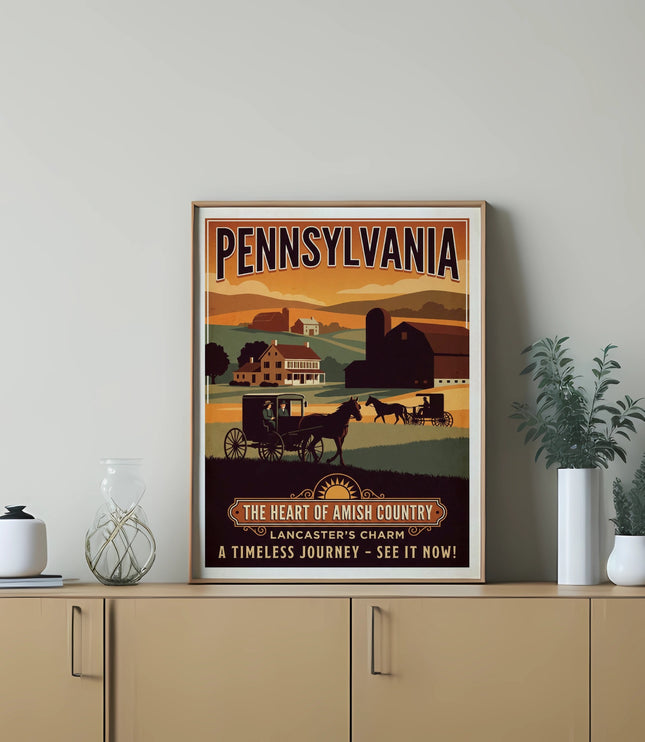 Pennsylvania Amish Country postcard with horse-drawn carriage and barn.