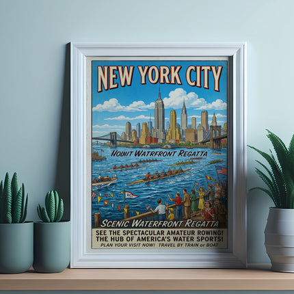 New York City regatta poster showing skyline, rowing teams, and spectators.