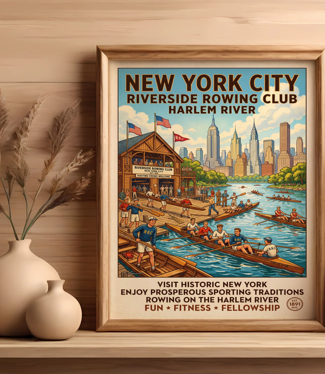 New York City Riverside Rowing Club vintage poster featuring rowers on Harlem River.
