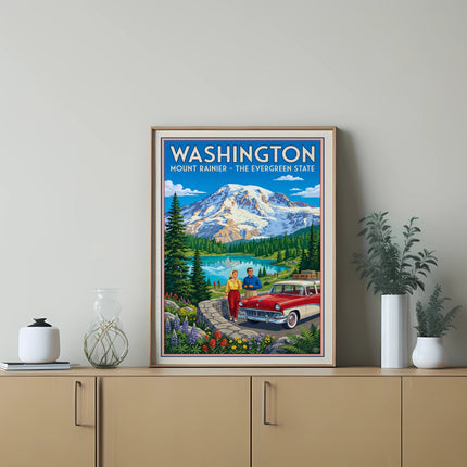 Washington Mount Rainier retro poster with couple and vintage car.