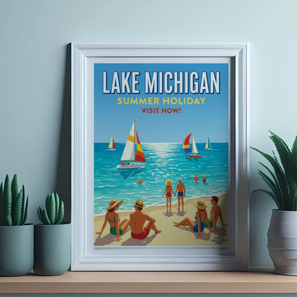 Vintage Lake Michigan summer holiday travel poster with people on beach and sailboats.