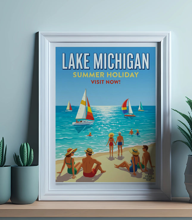 Vintage Lake Michigan summer holiday travel poster with people on beach and sailboats.